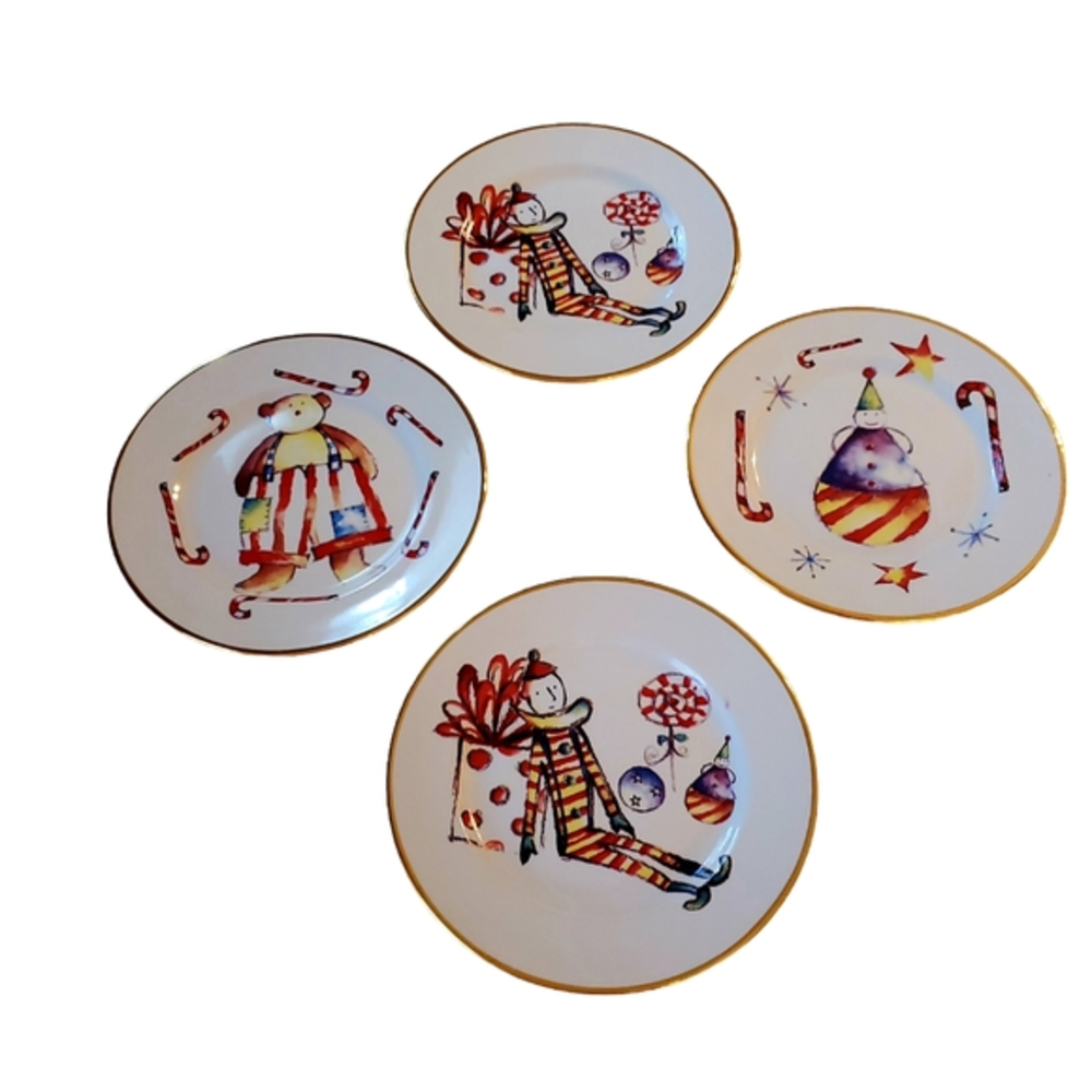 ROSANNA Italy, LOT of 4 Salad Plates, Christmas Plates Candy Cane‎ Bear Snowman